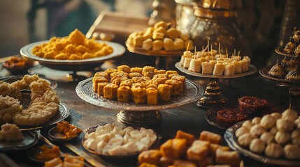 Fototapeta premium Delicious Indian Sweets Assortment Festive Treats Golden Brown Delectable Confectionery Traditional Dessert Platter Rich Flavors Sweet Culinary Art 