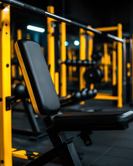 A focused shot of a gym bench in a well-equipped fitness area, highlighted by bright yellow and black equipment against a dark background.