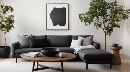 Contemporary Living Room Design: Modern living room interior with a dark gray sofa, complemented by a wooden coffee table, abstract artwork, and potted plants.