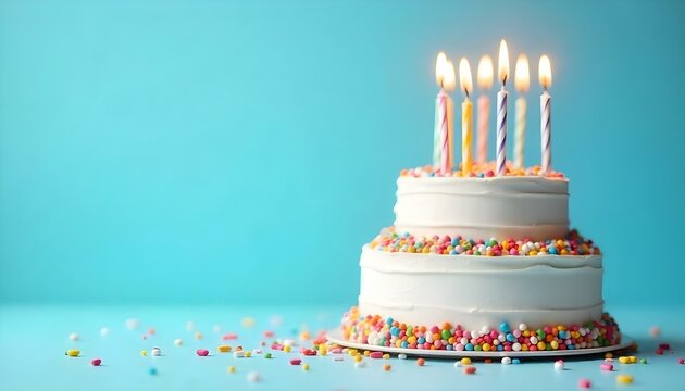 Una toma de estudio muestra un pastel de cumplea&ntilde;os de tres niveles adornado con velas encendidas y chispitas de colores, sobre un fondo azul claro