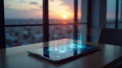 Top-down view of a tablet emphasizes machine learning integration, as streaming data flows converge on a focal node for immediate insights.