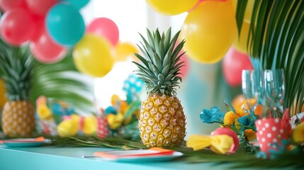 Tropical party decorations featuring pineapples palm leaves and colorful balloons on a table