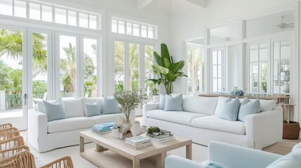 Fototapeta premium Bright Coastal Interior: A sun-drenched living room with large windows framing a vibrant outdoor scene. Airy and stylish space, perfect for relaxation.