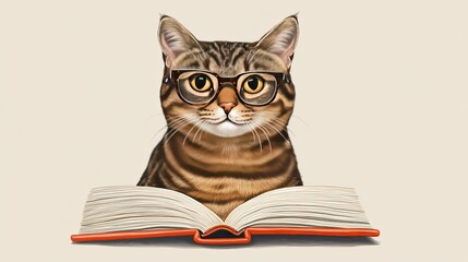 Cute tabby cat reading book, beige background
