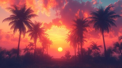 Vivid sunset sky with palm trees silhouetted against the colorful horizon. Generative AI