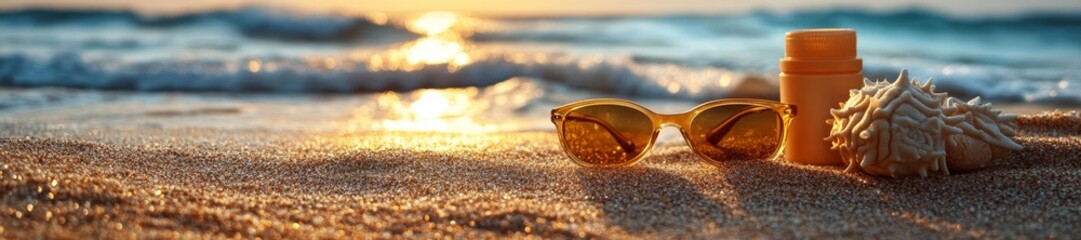 Sunglasses and sunscreen on the beach at sunset with a tranquil atmosphere. Generative AI