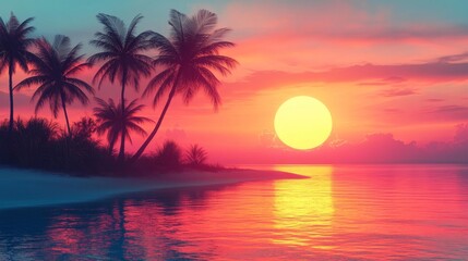 Tropical sunset with colorful sky and peaceful palm trees on the beach. Generative AI