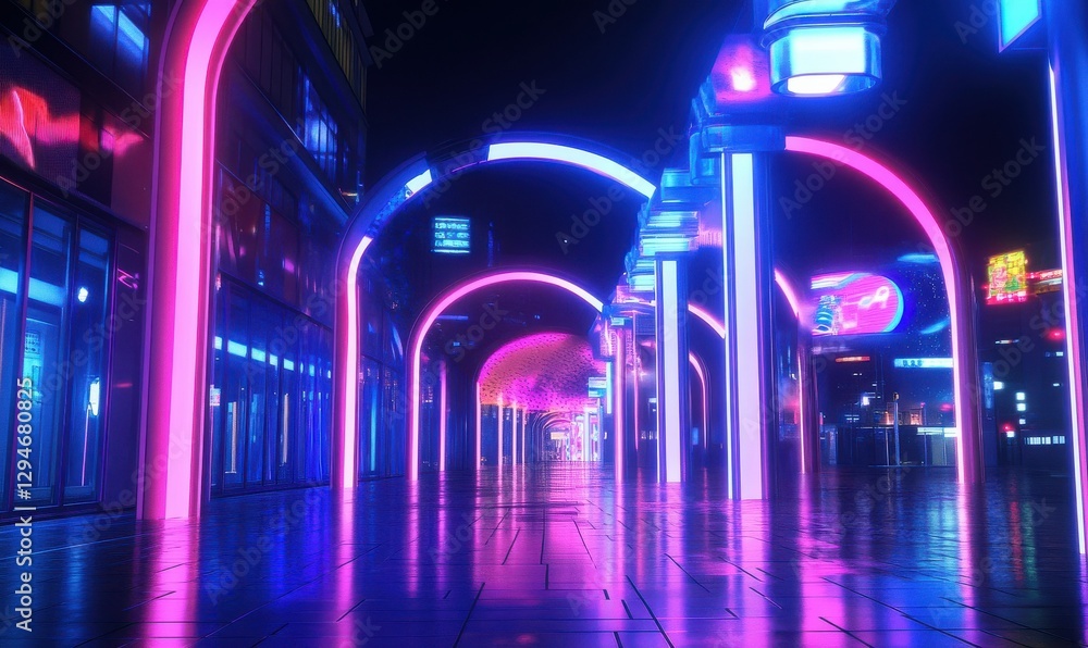 Poster neon light patterns in a dark, reflective environment, creating a futuristic atmosphere.