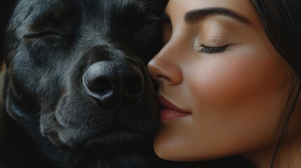 Obraz premium Girl Hugging Dog. Close-up of Affectionate Bond, Showing Tenderness and Gentle Connection Between Person and Pet