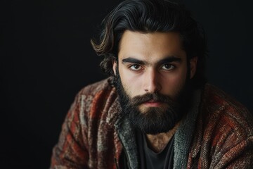 Obraz premium Stylish Portrait of a Young Bearded Persian Man in an Attractive Hipster Aesthetic Against a Dark Backdrop