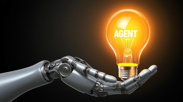 An autonomous humanoid robot AI agent holding a lightbulb symbolizing agentic autonomy and the growth of ideas through brainstorming between humans and robots using AGI automation for success