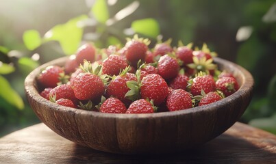 Artistic close-up of a rustic wooden bowl filled with freshly picked strawberries, soft natural light highlighting the rich red tones, evoking freshness,