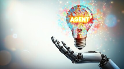 An autonomous humanoid robot AI agent holding a lightbulb symbolizing agentic autonomy and the growth of ideas through brainstorming between humans and robots using AGI automation for success