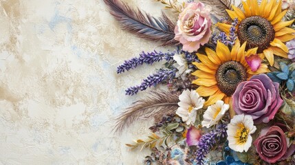 Whimsical boho wedding invitation featuring vibrant wildflowers like sunflowers, lavender, and roses, adorned with intricate feather accents