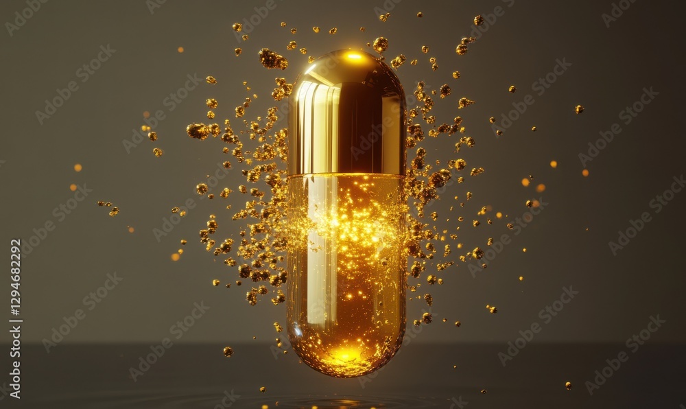Aufkleber artistic rendering of a golden capsule splitting open to release a glowing liquid suspended in mid-a