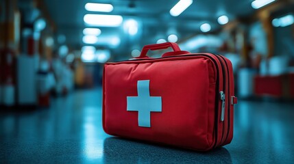 Red First Aid Kit in a Public Emergency Setting 