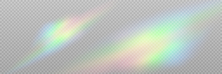 Rainbow light prism effect, transparent background. Hologram reflection, crystal flare leak shadow overlay.	