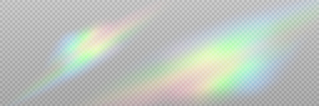 Rainbow light prism effect, transparent background. Hologram reflection, crystal flare leak shadow overlay.	