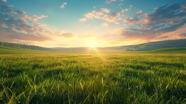 A wide-open field of lush green grass under a clear blue sky at sunrise, with rolling hills in the background, creating a peaceful and natural landscape.