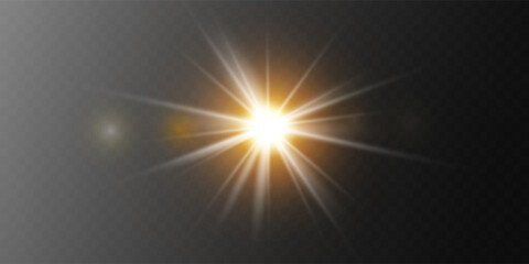 Bright sun shines with warm rays, vector illustration Glow gold star on a transparent background. Flash of light, sun, twinkle. Vector for web design and illustrations.