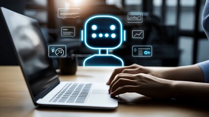 A human male businessman in a meeting with a digital online virtual assistant AI agent symbolizing agentic autonomy and the future of business between humanity and AGI robots