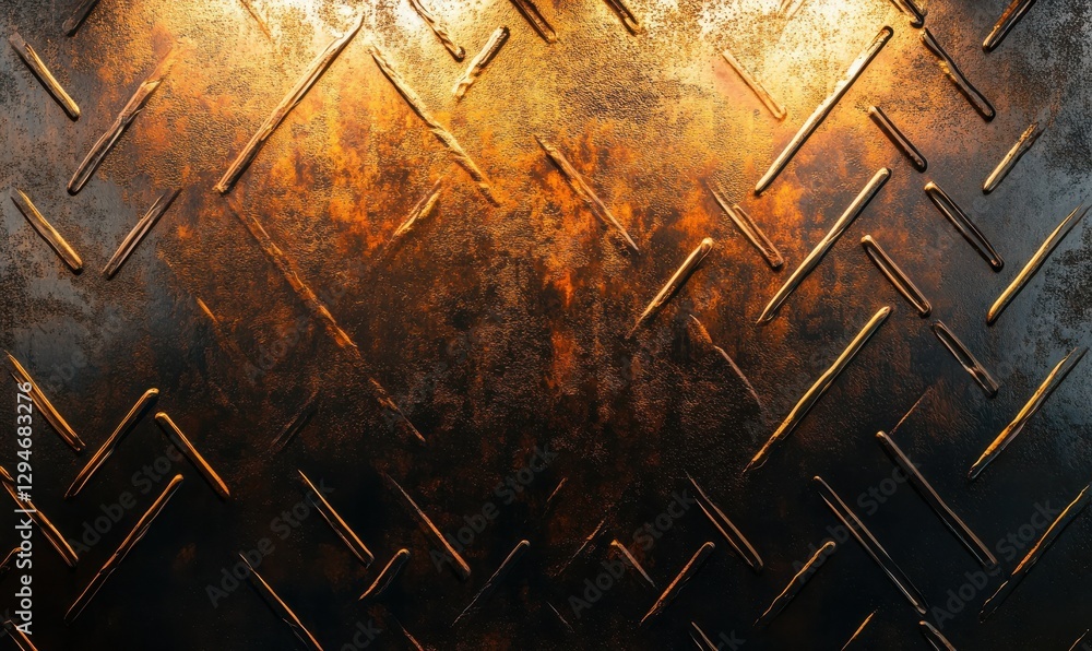 Poster bold metallic bronze surface with textured patterns glowing softly under warm ambient lighting for a