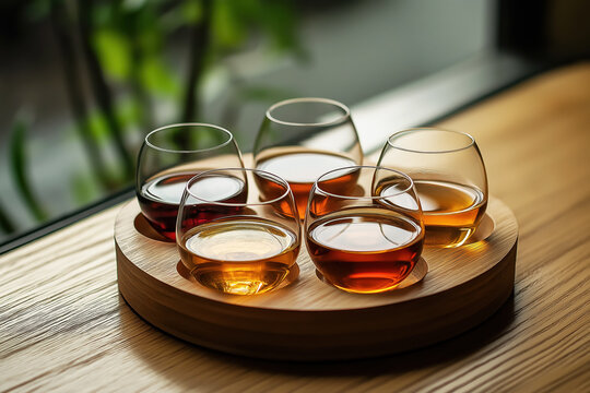 Flight of different Bourbon and Whiskey on round wood tray in tasting room, National Bourbon Day