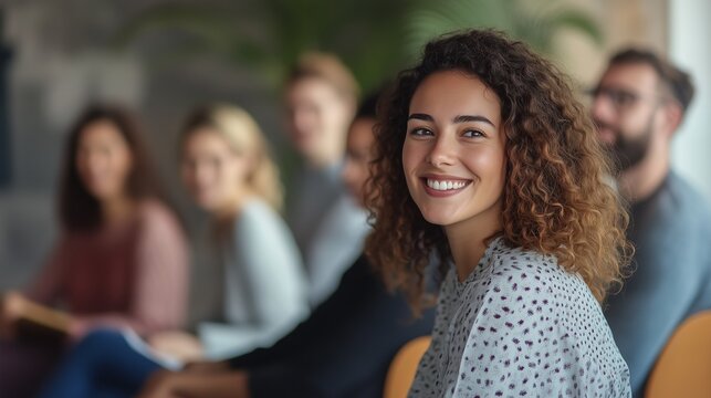 Woman sitting in front group of people. Group of therapists in a mental health session. Generative ai is an important component of a healthy smile. A woman is seated before lifestyle a crowd of. - Powered by Adobe