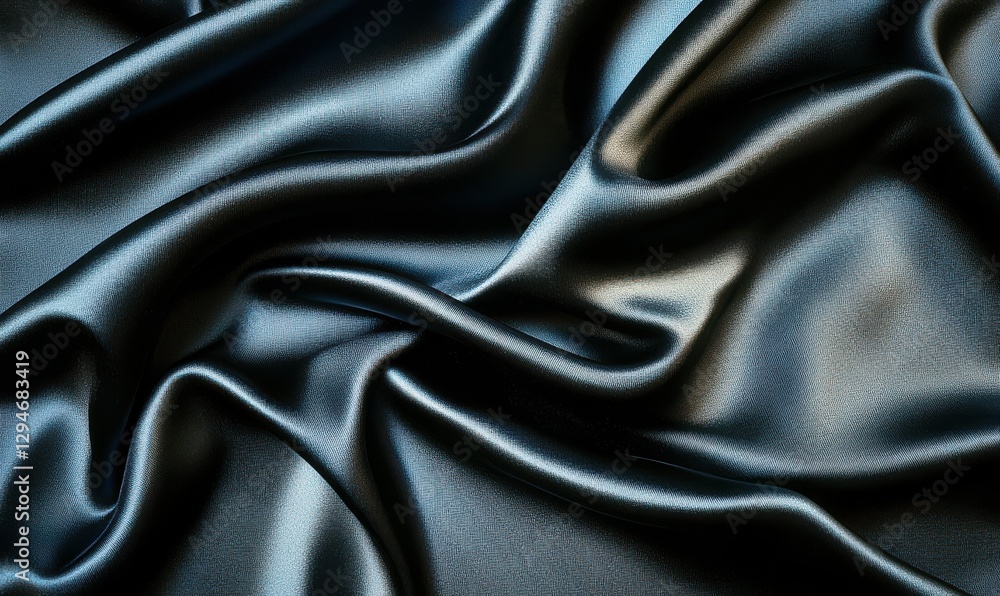 Poster bold textured black satin fabric flowing dynamically in smooth folds, illuminated by soft light to c