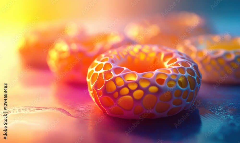Poster bright and colorful donuts with intricate frosting designs placed on a pastel surface illuminated by
