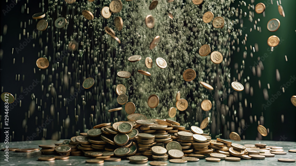 Poster coins are seen pouring down from above, creating a dynamic cascade onto a large pile on a surface. t