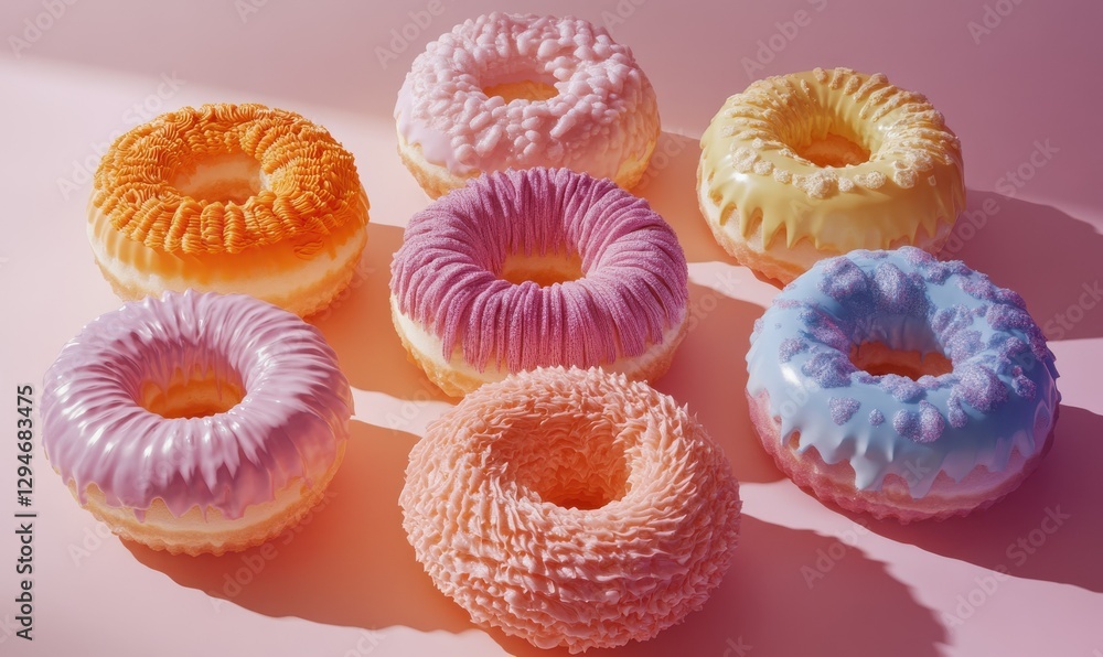 Poster bright and colorful donuts with intricate frosting designs placed on a pastel surface illuminated by