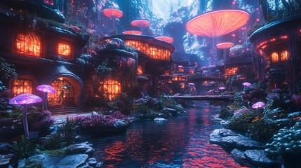 Magical Waterway with Futuristic Mushrooms in a Neon World. Generative AI