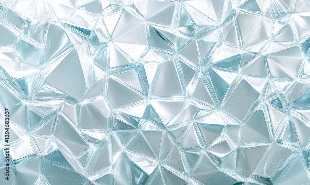 Poster bright geometric crystal patterns in soft white and blue tones glowing dynamically under diffused li