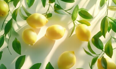 Bright lemons scattered on a clean white background with delicate leaves, softly illuminated by natural light to create a vibrant and refreshing citrus composition,