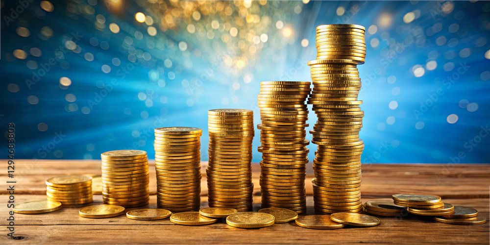 Poster golden coins are carefully stacked in ascending height on a wooden surface, creating a pleasing visu