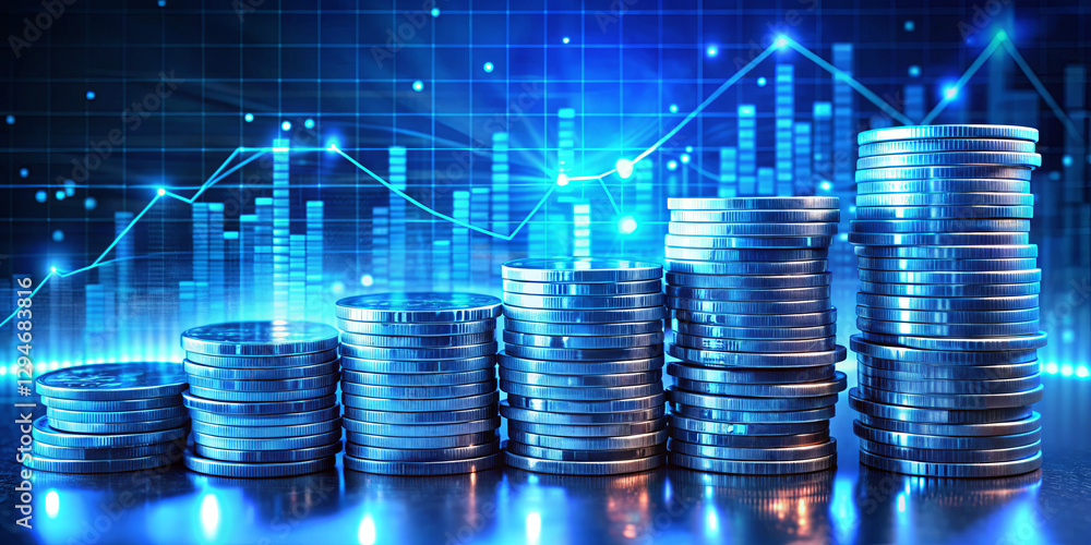 Poster multiple stacks of coins are arranged in ascending order against a backdrop of glowing financial cha