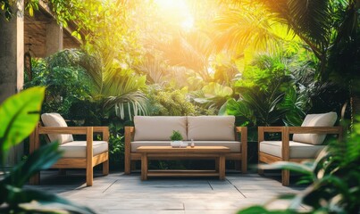 Bright outdoor patio with modern wooden furniture surrounded by lush greenery and illuminated by soft natural sunlight for a relaxing atmosphere,