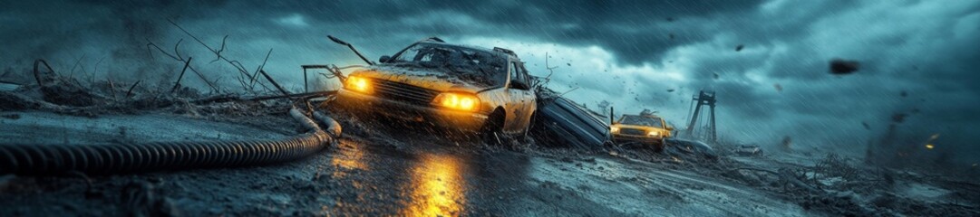 Obraz premium Post-apocalyptic City with Car Wreckage and Debris. Generative AI