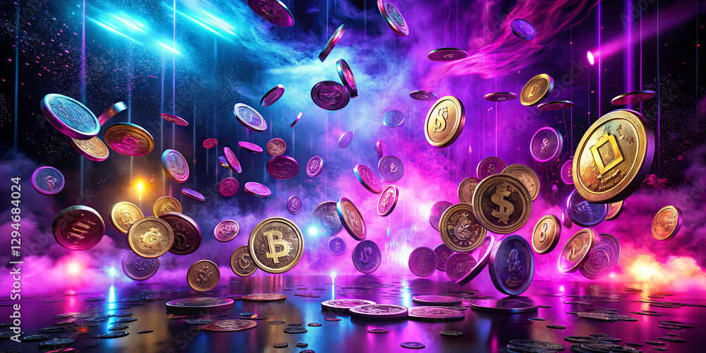 Aufkleber dynamic cryptocurrency coins are suspended in a surreal environment, illuminated by vibrant colors a