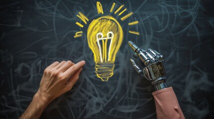A human and a humanoid AI agent robot have their hands next to a lightbulb chalk drawing symbolizing agentic autonomy and brainstorming ideas through collaboration with autonomous copilot bots