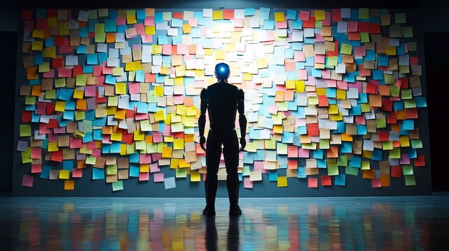 A humanoid robot AI agent brainstorming ideas symbolizing the agentic autonomy of work and the automation of jobs in the future using autonomous technology for productivity