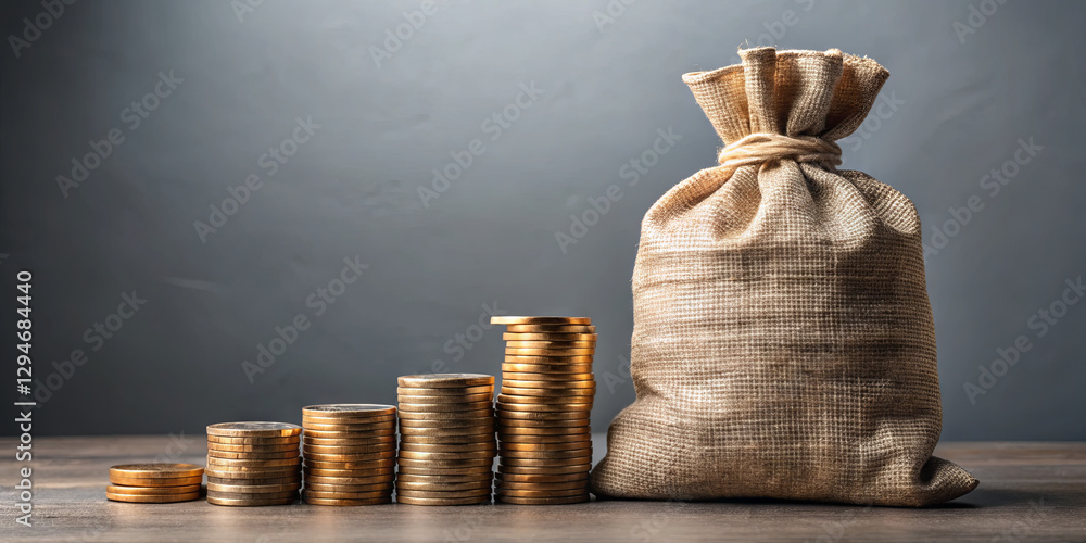 Poster burlap sack filled with coins stands prominently next to a series of stacked coins, symbolizing the 