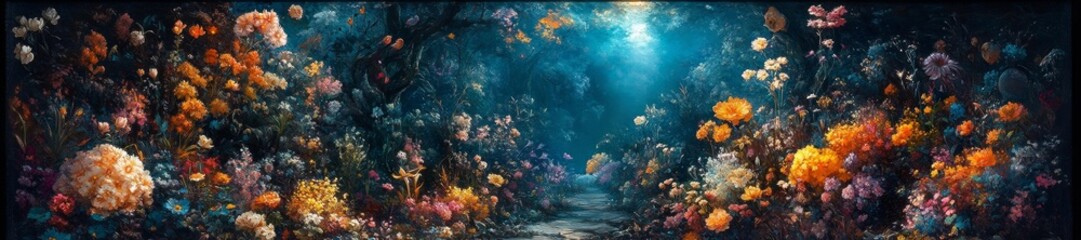 Fototapeta premium Mystical Floral Path with Birds and Tranquil Waters. Generative AI
