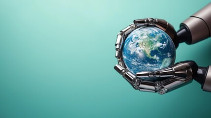 A humanoid robot AI agent holding a globe of the planet earth symbolizing agentic autonomy in the environment and environmental sustainability using AGI for climate change and global warming