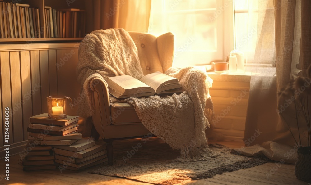 Poster cozy reading nook with a comfortable chair and a stack of books, soft warm light creating a peaceful