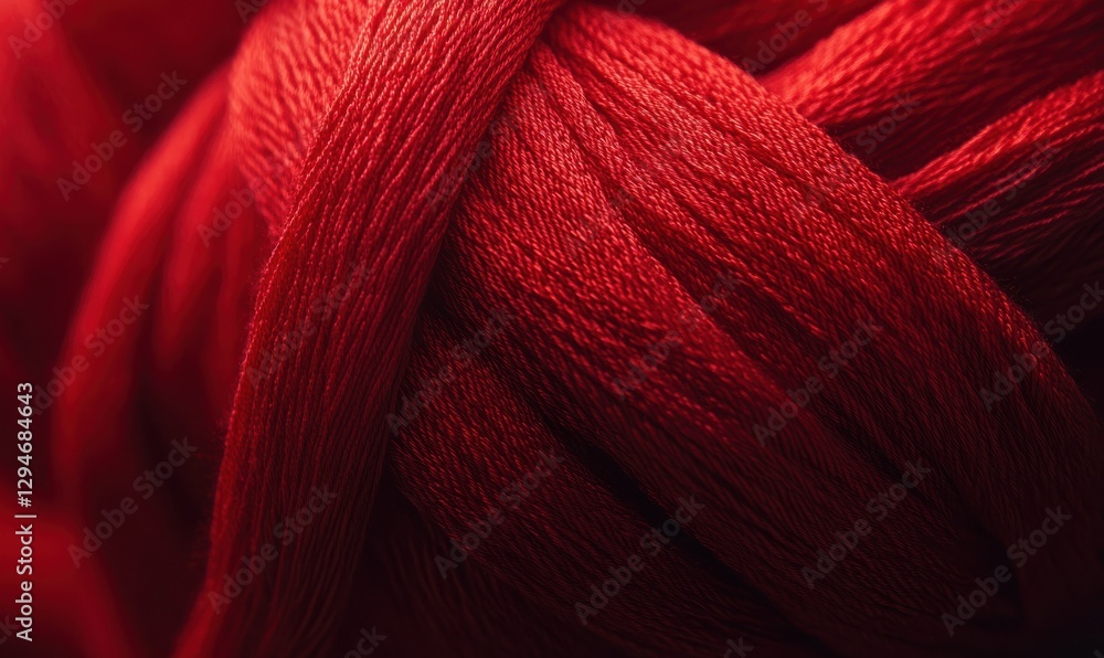 Poster creative macro shot of vibrant red threads woven tightly together, soft light creating depth and tex