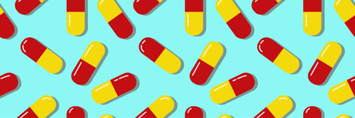Red and yellow pills. Colorful medical pills seamless pattern. Tablets background. Capsules pattern in a blue background. A bright colored medical illustration. A seamless pattern with medical pills.