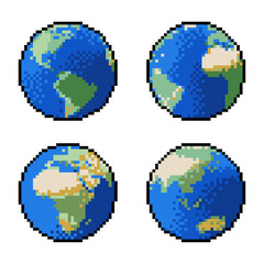 Earth globes in retro 8-bit pixel art style 