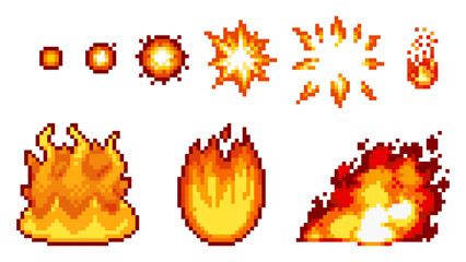 Set of fire and explosion effects in retro 8-bit gaming pixel art style